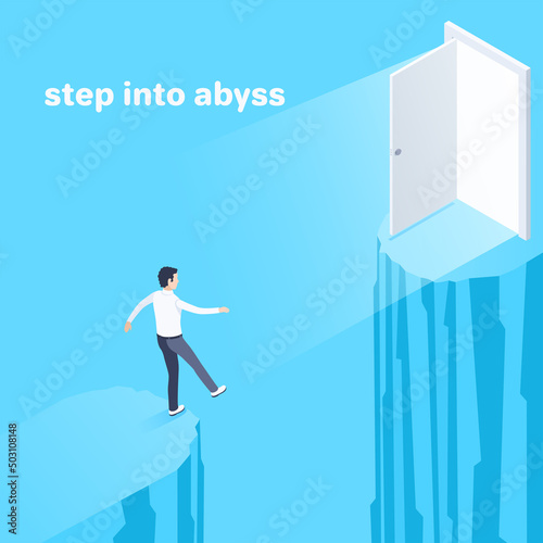 Fototapeta Naklejka Na Ścianę i Meble -  isometric vector illustration on a blue background, a man in business clothes takes a step into the abyss to the open door on the other side