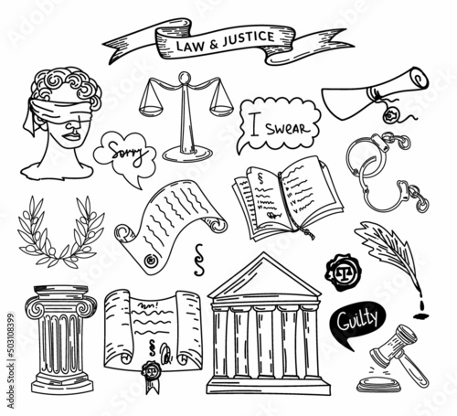 A set of law and justice symbols, a hand-drawn sketch-style doodle. Justice. Greece. Themis blindfolded. Laurel Wreath. Scales of Justice. A collection of cartoon elements suitable for infographics.