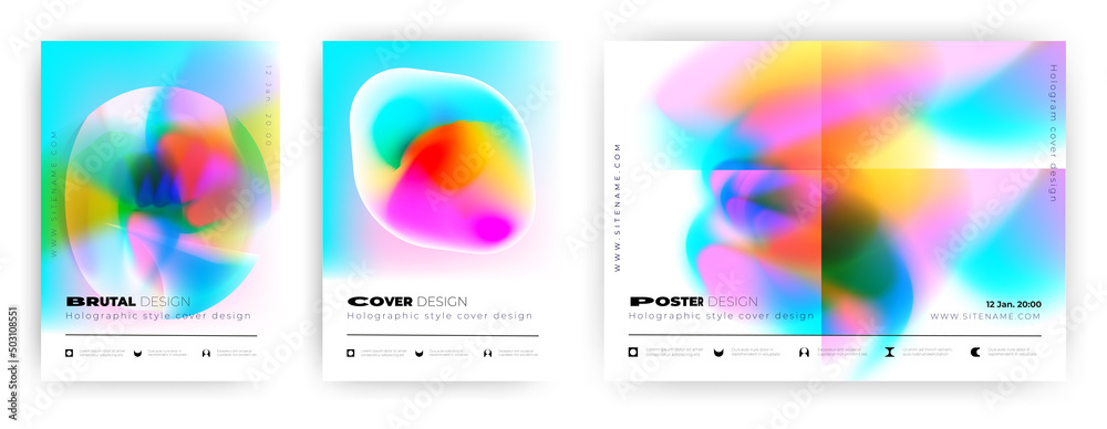 Holography cover with gradient mesh. Set of colorful minimalist banners. Holographic posters, liquid form. Collection of summer backgrounds with vibrant iridescent colors. Vector illustration Holography cover with gradient mesh. Set of colorful minimalist banners. Holographic posters, liquid form. Collection of summer backgrounds with vibrant iridescent colors. Vector illustration