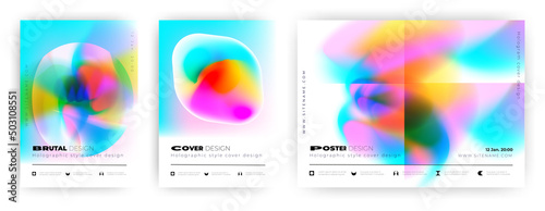 Holography cover with gradient mesh. Set of colorful minimalist banners. Holographic posters, liquid form. Collection of summer backgrounds with vibrant iridescent colors. Vector illustration