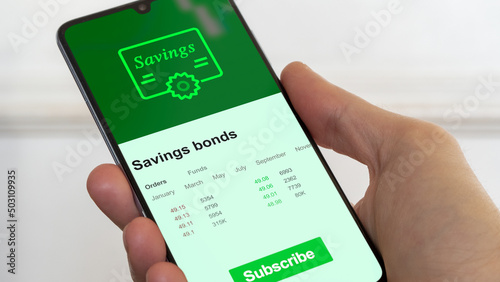 Saving bonds market datas, bonds prices on smartphone. Business analysis of a trend. Invest in bonds. Buying strategic bonds notes saving bonds