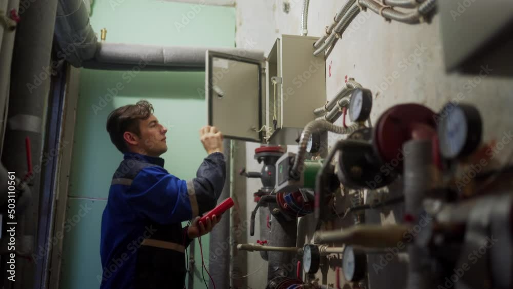 Electrician inspecting control panel with multimeter in a district heating substation, goes away and turns off light. Master in uniform checking fuse box with tester probes in technical room. Electrician inspecting control panel with multimeter in a district heating substation, goes away and turns off light. Master in uniform checking fuse box with tester probes in technical room.