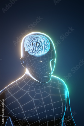 3D human brain glow on dark background. 3D illustration rendering.