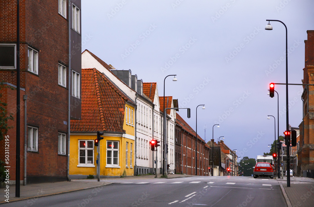 Summer morning view of streets in Fredericia city, Denmark. City was founded in 1650 by Frederick III, after whom it was named