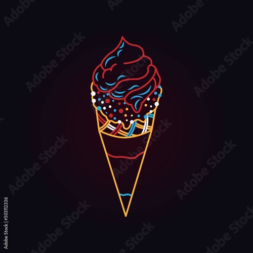 Ice cream neon sign. Dessert in waffle cone on black background. Night bright advertisement. Vector illustration in neon style for cafe or candy shop