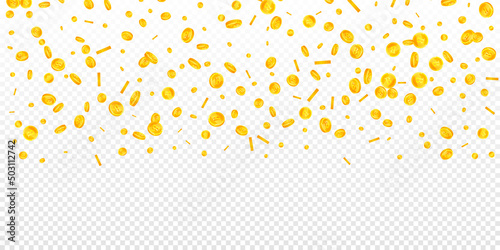 Bitcoin, internet currency coins falling. Juicy scattered BTC coins. Cryptocurrency, digital money. Incredible jackpot, wealth or success concept. Vector illustration.