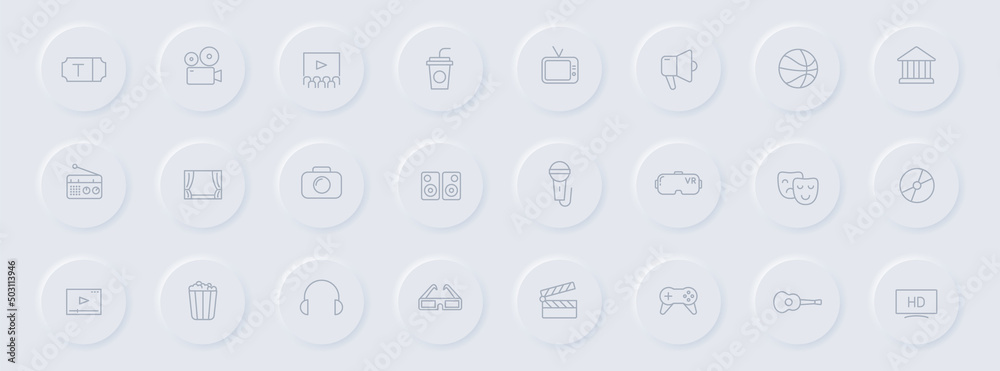 entertainment line gray icons on round rubber buttons. entertainment icon set for web, mobile apps, ui design and promo business polygraphy entertainment line gray icons on round rubber buttons. entertainment icon set for web, mobile apps, ui design and promo business polygraphy