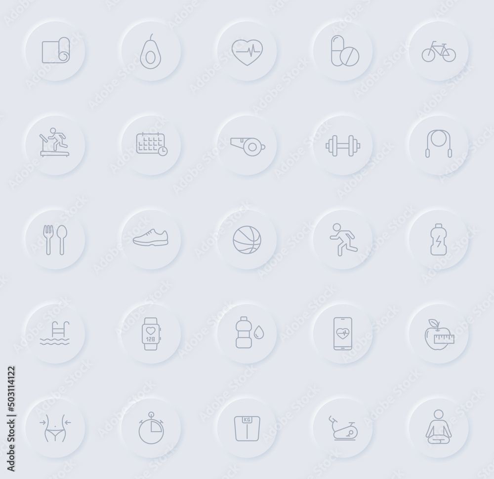 fitness line gray icons on round rubber buttons. fitness icon set for web, mobile apps, ui design and promo business polygraphy fitness line gray icons on round rubber buttons. fitness icon set for web, mobile apps, ui design and promo business polygraphy