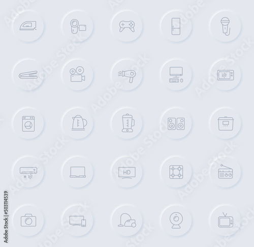 household line gray icons on round rubber buttons. household icon set for web, mobile apps, ui design and promo business polygraphy