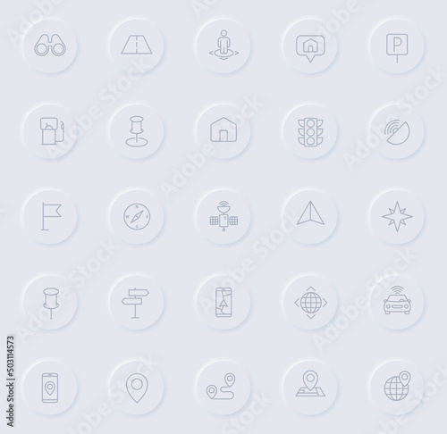 navigation line gray icons on round rubber buttons. navigation icon set for web, mobile apps, ui design and promo business polygraphy