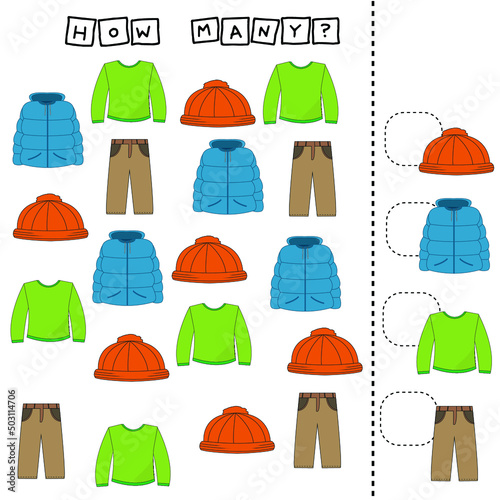 Counting Game for Preschool Children.  Count how many clothes: hat, coat, long sleeve, pants