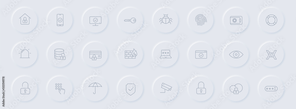 security line gray icons on round rubber buttons. security icon set for web, mobile apps, ui design and promo business polygraphy