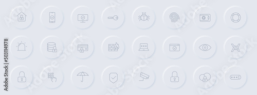 security line gray icons on round rubber buttons. security icon set for web, mobile apps, ui design and promo business polygraphy