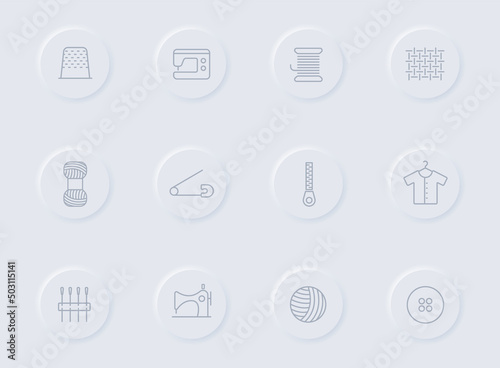 sewing line gray icons on round rubber buttons. sewing icon set for web, mobile apps, ui design and promo business polygraphy