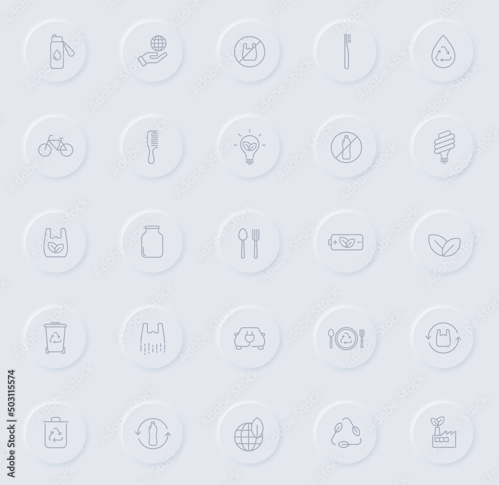 zero waste line gray icons on round rubber buttons. zero waste icon set for web, mobile apps, ui design and promo business polygraphy zero waste line gray icons on round rubber buttons. zero waste icon set for web, mobile apps, ui design and promo business polygraphy