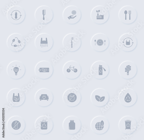 zero waste gray glyph icons on round rubber buttons. zero waste vector icons for web, mobile apps, ui design and promo business polygraphy