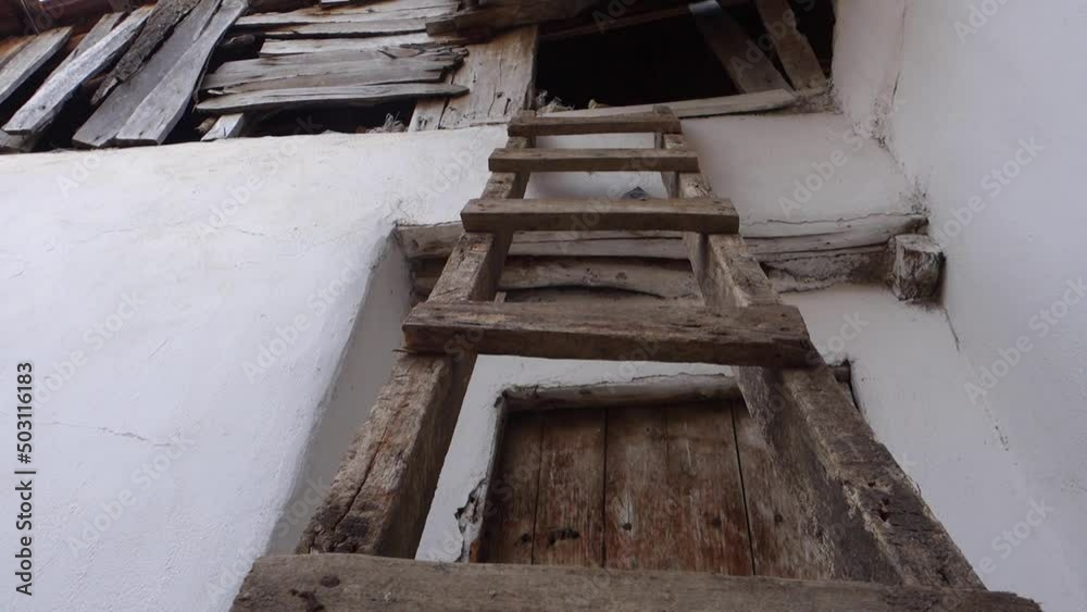 classic handmade wooden ladder for climbing on the roof, classic handmade wooden ladder for climbing on the roof,