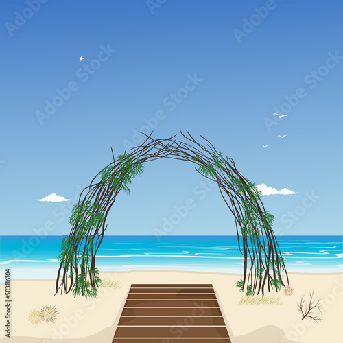 Wedding arch with beach background, beautiful theme for wedding ceremony
