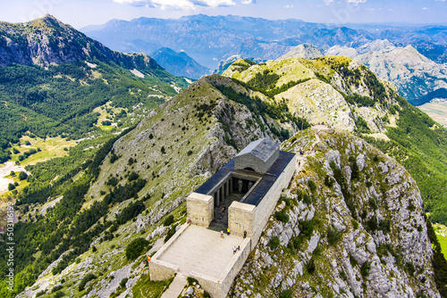 Montenegro. Lovcen National Park. Mausoleum of Negosh on Mount Lovcen. Drone. Aerial view. Viewpoint. Popular tourist attraction photo