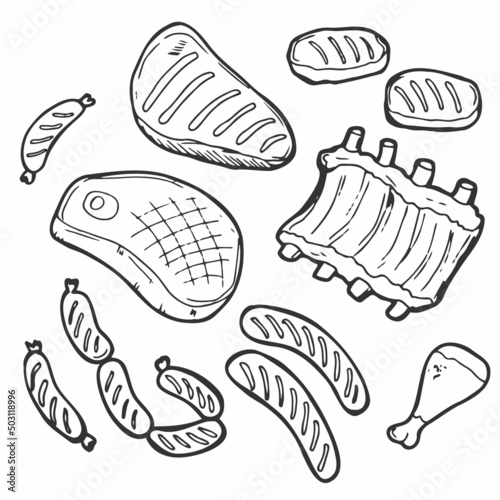 vector hand drawn meat elements set on white