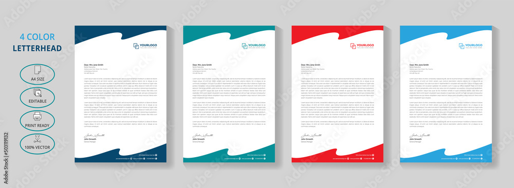Professional letterhead design, Abstract letterhead design, Letterhead template with 4 colors a4 size