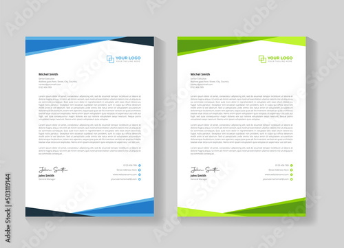 Creative Corporate modern letterhead design template with blue, and green colors.