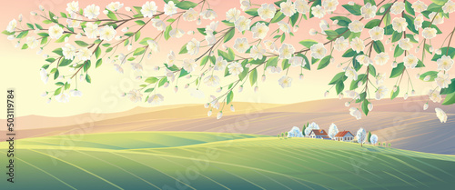 Spring rural landscape with with a branch of a flowering fruit tree in the foreground, and village, on top of a hill. Vector illustration.