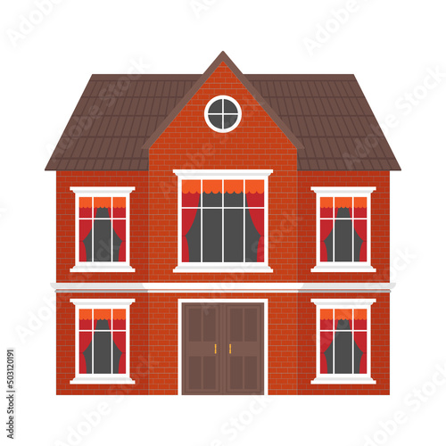 Two story red brick house. Icon, vector style, flat style