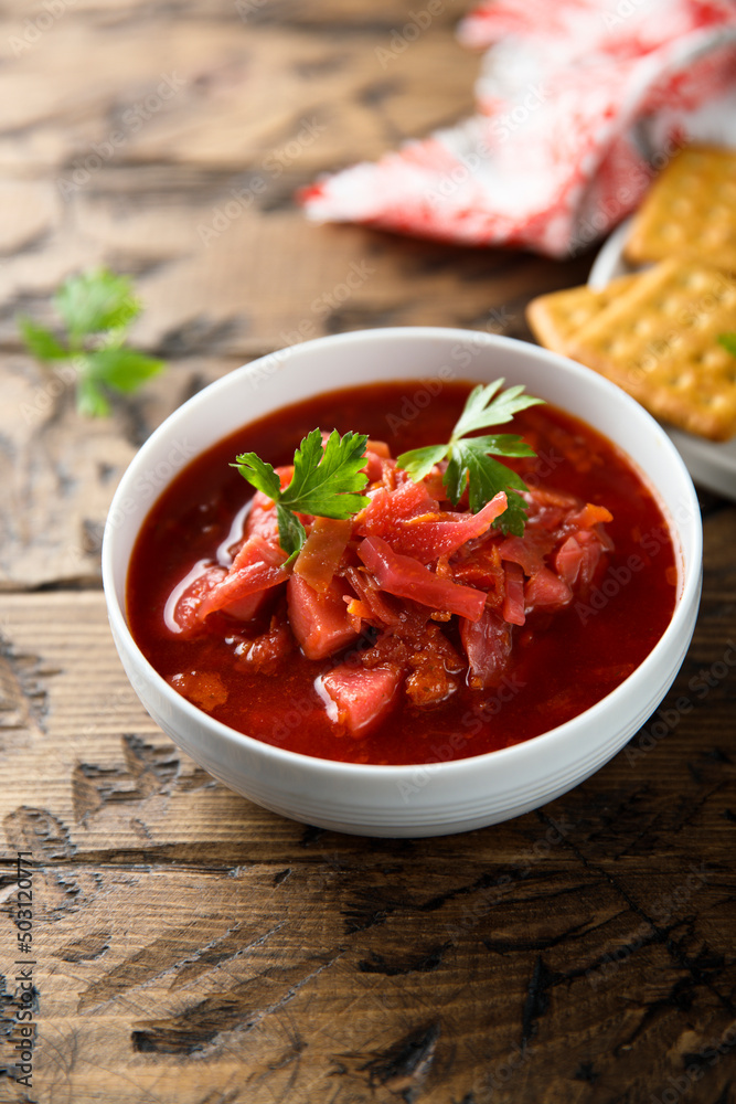 Traditional homemade beetroot soup with fresh parsley Traditional homemade beetroot soup with fresh parsley