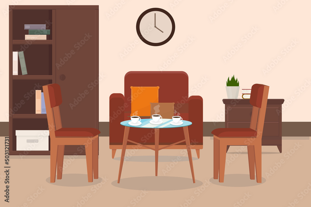 armchair and chairs near table with cup of coffee at home or cafe interior with wardrobe armchair and chairs near table with cup of coffee at home or cafe interior with wardrobe