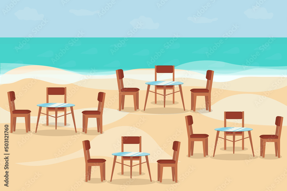 restaurant with chairs and tables on a sandy beach near the sea