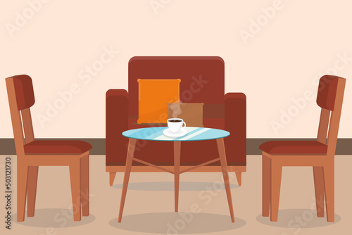 armchair and chairs near the table with a cup of coffee at home or in a cafe