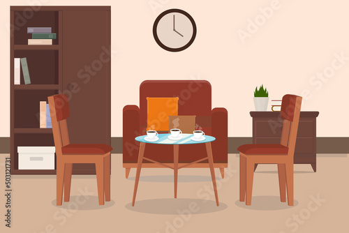 armchair and chairs near table with cup of coffee at home or cafe interior with wardrobe