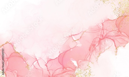 Abstract watercolor or alcohol ink art pink white background with golden crackers. Pastel pink marble drawing effect. llustration design template for wedding invitation decoration  banner  background.