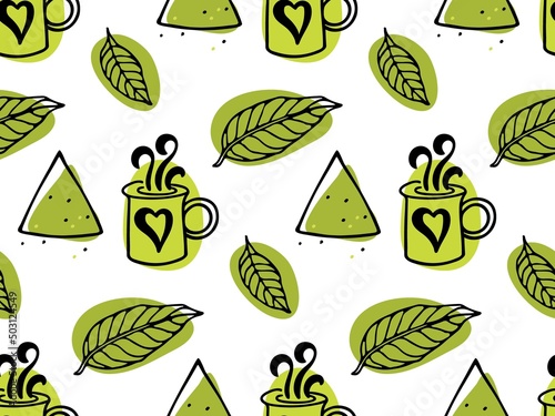 Matcha Green Tea seamless pattern. Traditional japanese beverage and baking, Matcha green tea lettering, green leaves. Sketch template for cafe menu, wallpaper, scrapbooking, wrapping paper