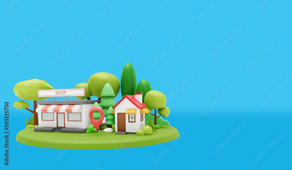 House and store with map pin on gradient background. 3d rendering image of low poly objects.