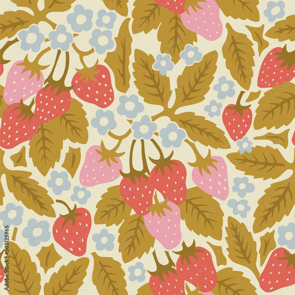 Vector strawberry and flowers illustration seamless repeat pattern fashion and home decor print fabric digital artwork