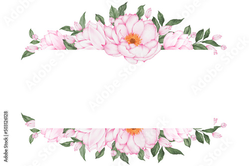 Watercolor floral frame. White frame with pink flower watercolor for wedding invitation and greeting card design.  