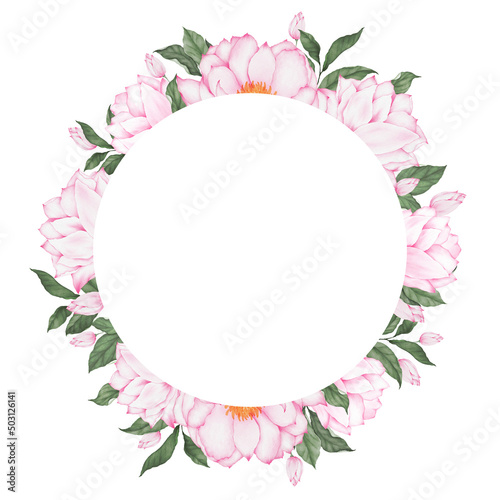 Watercolor floral frame. White frame with pink flower watercolor for wedding invitation and greeting card design.  