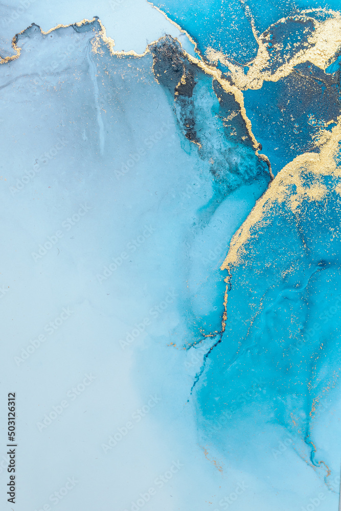 Luxury blue abstract background of marble liquid ink art painting on paper . Image of original artwork watercolor alcohol ink paint on high quality paper texture . - obrazy, fototapety, plakaty 