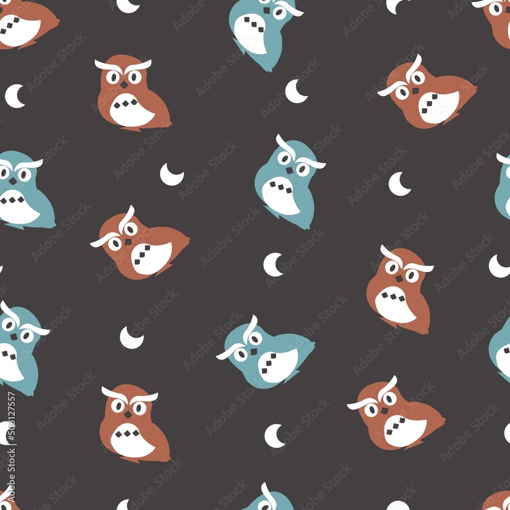 Night and Owl Birds Vector Graphic Cartoon Seamless Pattern