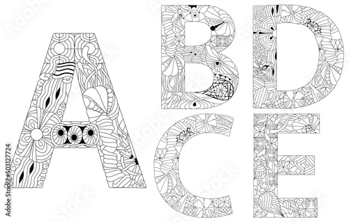Vector of hand drawn set of Alphabet from A - E in Zentangle style for coloring pages