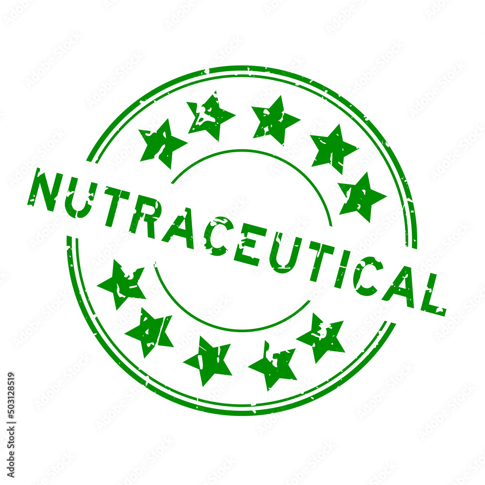 Grunge green nutraceutical word with star icon round rubber seal stamp on white background
