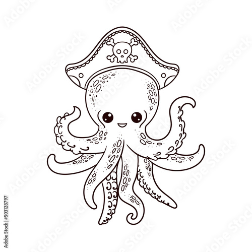 Funny blue octopus pirate in a pirate hat. Cartoon character on isolated background. Marine theme. For children's design of prints, posters, stickers, cards and so on. Vector