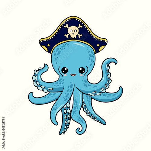 Funny blue octopus pirate in a pirate hat. Cartoon character on isolated background. Marine theme. For children's design of prints, posters, stickers, cards and so on. Vector