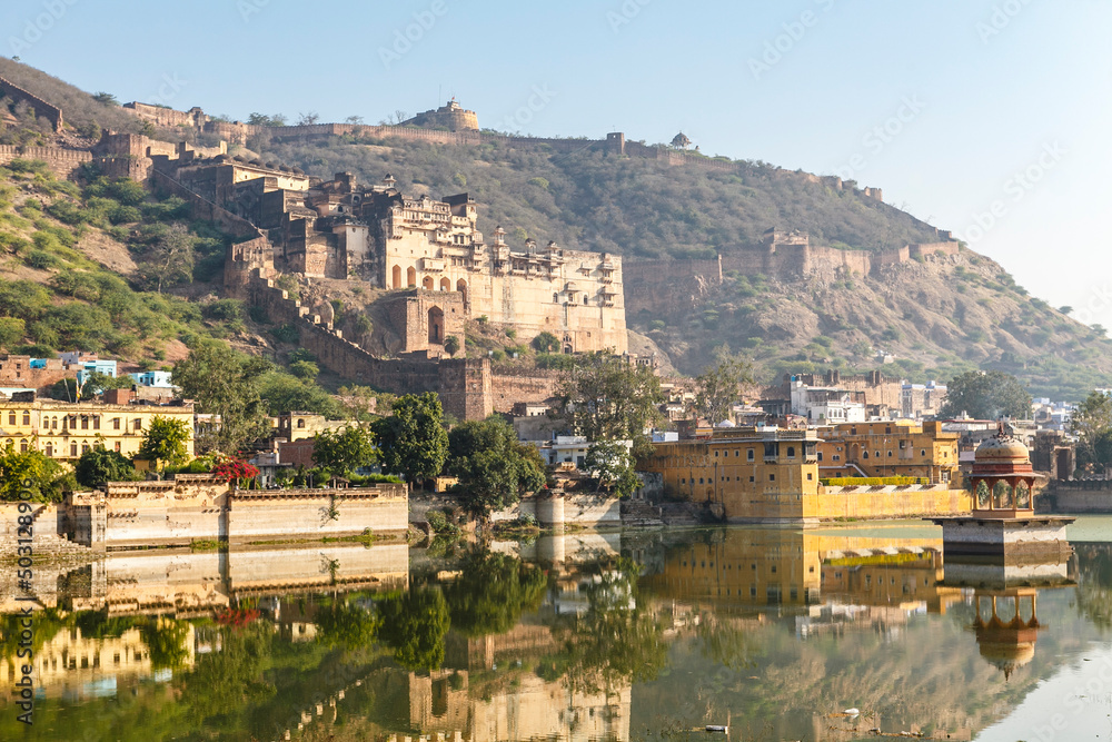 View at the palace, city walls and city of Bundi, Rajasthan, India, Asia