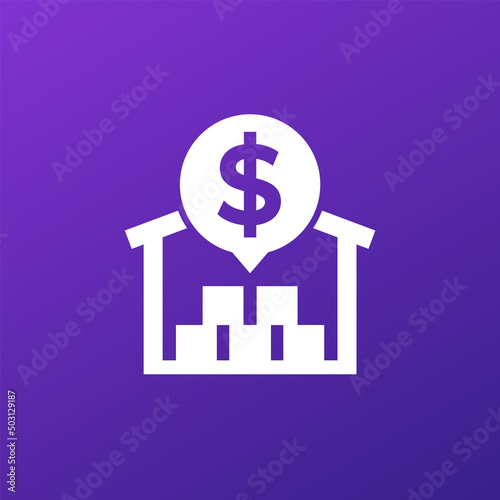 Storage costs icon with a warehouse, vector