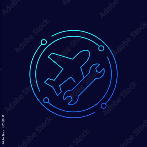 airplane repair service line icon with a wrench, vector