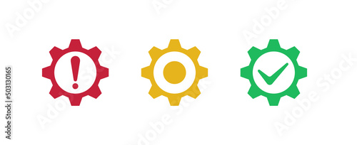 Gears with warning symbols. Red exclamation alarm