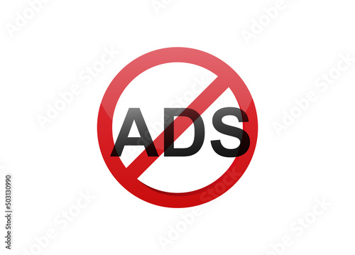 Stop ads icon. Red circle with crossed line symbol